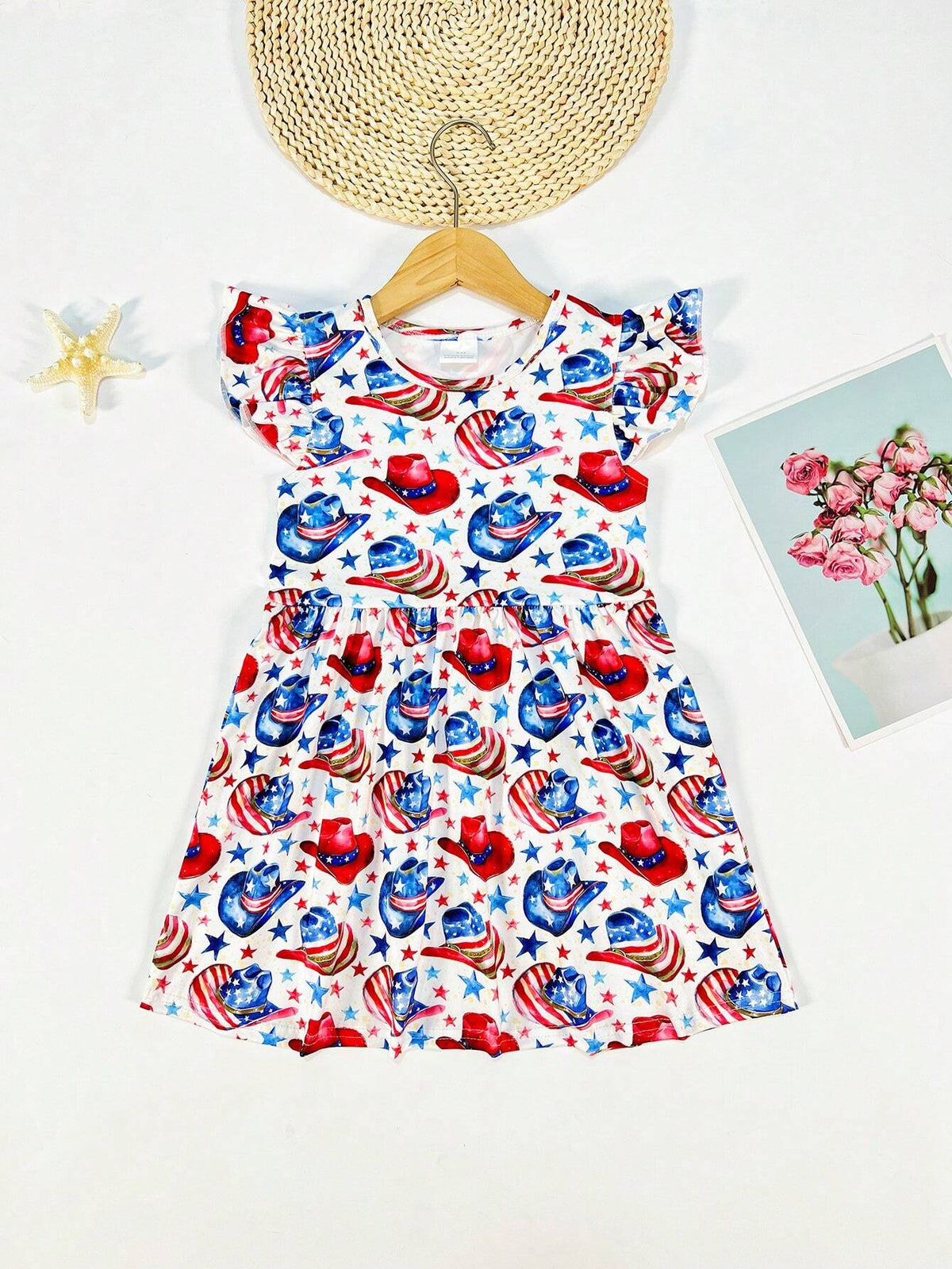 Young Girls" Casual Rainbow Stars And Stripes Western Cowboy Hat Printed Flared Sleeve Dress, Suitable For Spring, Summer, And Fall