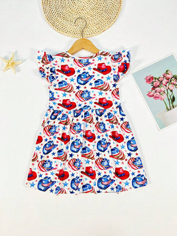 Young Girls" Casual Rainbow Stars And Stripes Western Cowboy Hat Printed Flared Sleeve Dress, Suitable For Spring, Summer, And Fall