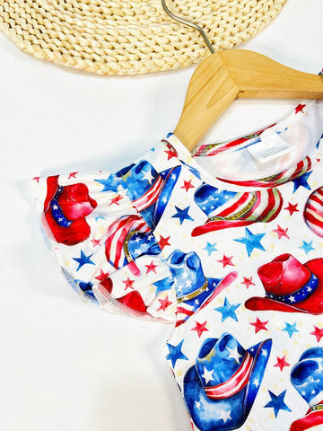 Young Girls" Casual Rainbow Stars And Stripes Western Cowboy Hat Printed Flared Sleeve Dress, Suitable For Spring, Summer, And Fall