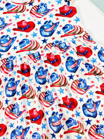 Young Girls" Casual Rainbow Stars And Stripes Western Cowboy Hat Printed Flared Sleeve Dress, Suitable For Spring, Summer, And Fall