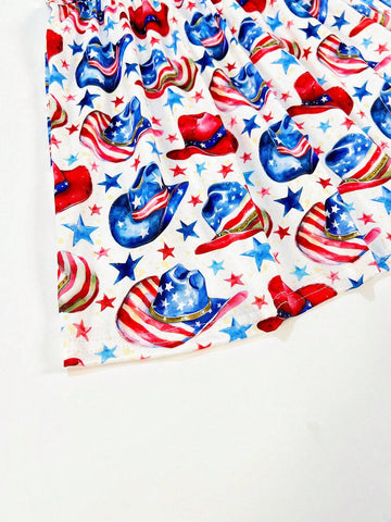 Young Girls" Casual Rainbow Stars And Stripes Western Cowboy Hat Printed Flared Sleeve Dress, Suitable For Spring, Summer, And Fall