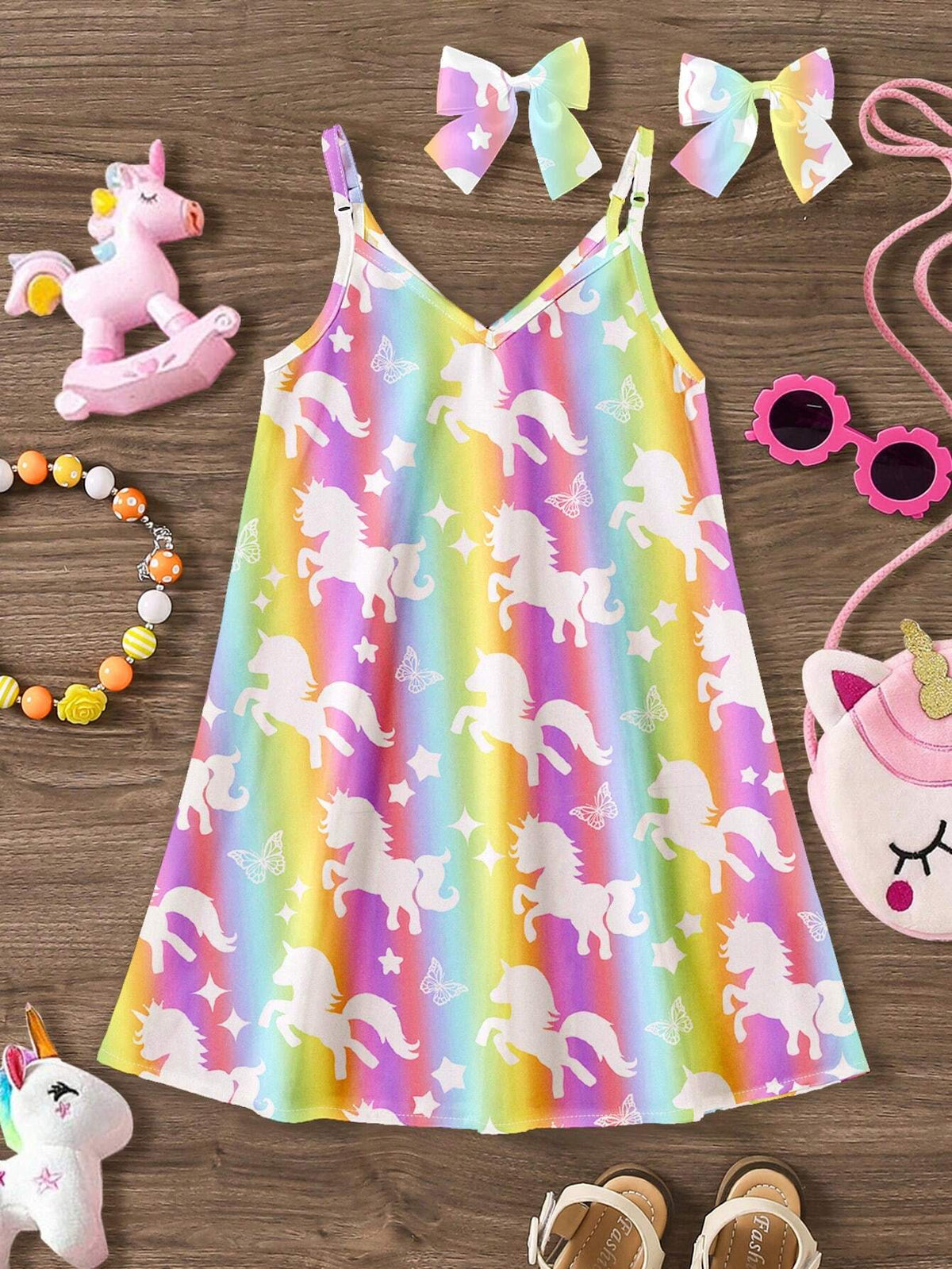 Young Girl's Casual Rainbow Unicorn & Star Print Cartoon Patterned Spaghetti Strap Midi Dress, Suitable For Summer