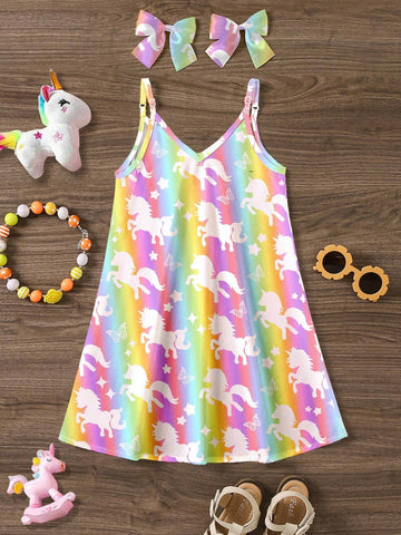 Young Girl's Casual Rainbow Unicorn & Star Print Cartoon Patterned Spaghetti Strap Midi Dress, Suitable For Summer