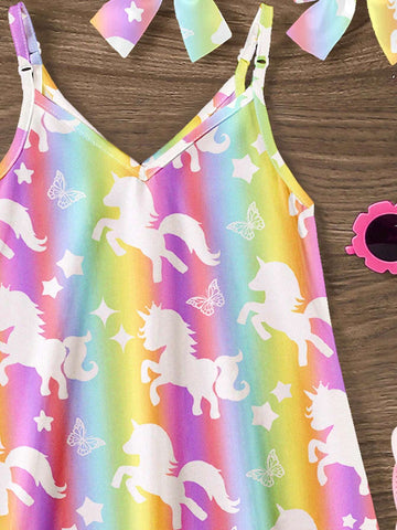 Young Girl's Casual Rainbow Unicorn & Star Print Cartoon Patterned Spaghetti Strap Midi Dress, Suitable For Summer