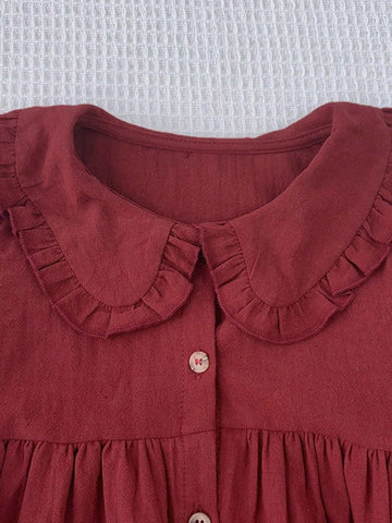 Young Girl's Casual Red Lapel Ruffle Trim Long Sleeve Dress, Spring & Autumn