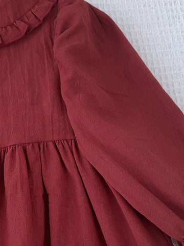 Young Girl's Casual Red Lapel Ruffle Trim Long Sleeve Dress, Spring & Autumn