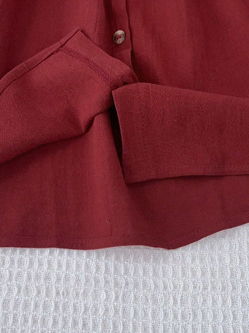 Young Girl's Casual Red Lapel Ruffle Trim Long Sleeve Dress, Spring & Autumn