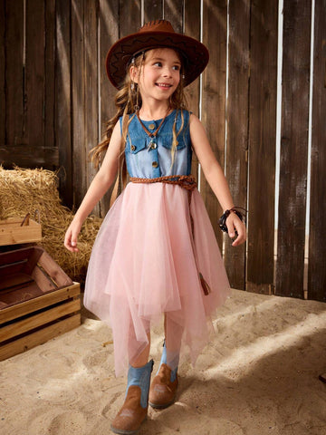 Young Girl's Casual Round Neck Denim Floral Burnout Printed Dress For Outings