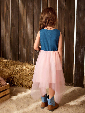 Young Girl's Casual Round Neck Denim Floral Burnout Printed Dress For Outings