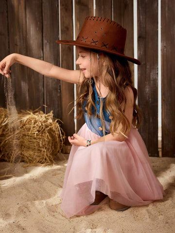 Young Girl's Casual Round Neck Denim Floral Burnout Printed Dress For Outings