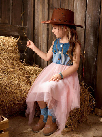 Young Girl's Casual Round Neck Denim Floral Burnout Printed Dress For Outings