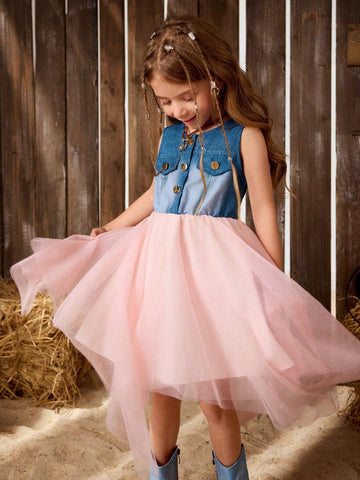 Young Girl's Casual Round Neck Denim Floral Burnout Printed Dress For Outings