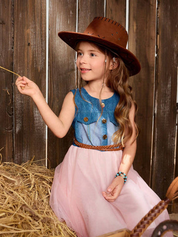 Young Girl's Casual Round Neck Denim Floral Burnout Printed Dress For Outings