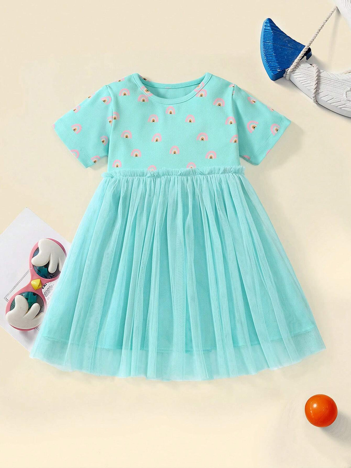 Young Girls" Casual Round Neck Short-Sleeved Mesh Dress Cartoon Pattern Summer Fashionable Trendy Style