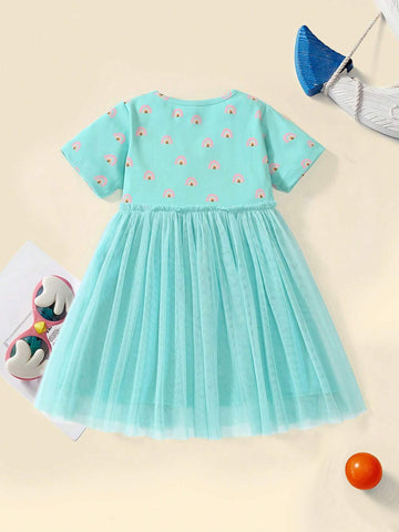 Young Girls" Casual Round Neck Short-Sleeved Mesh Dress Cartoon Pattern Summer Fashionable Trendy Style