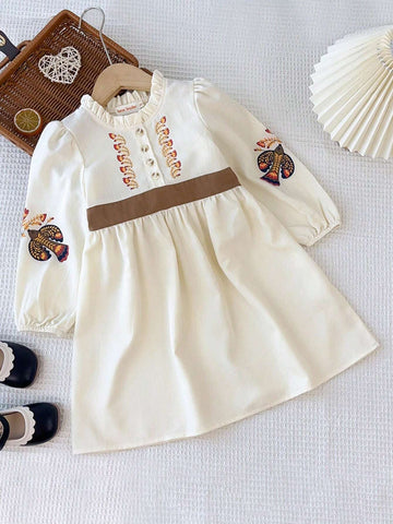 Young Girl's Casual Ruffle Collar Floral Print Long Sleeve Dress, Spring/Autumn