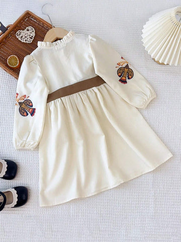 Young Girl's Casual Ruffle Collar Floral Print Long Sleeve Dress, Spring/Autumn