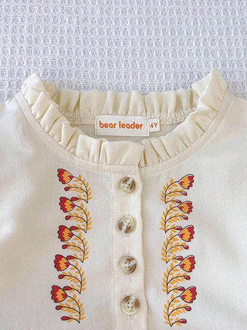 Young Girl's Casual Ruffle Collar Floral Print Long Sleeve Dress, Spring/Autumn