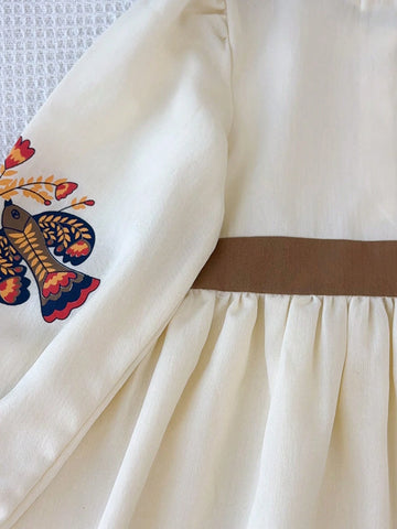 Young Girl's Casual Ruffle Collar Floral Print Long Sleeve Dress, Spring/Autumn