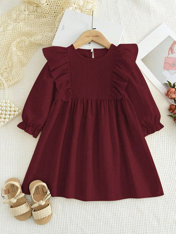 Young Girl's Casual Ruffle Trim Long Sleeve Dress, Spring Autumn