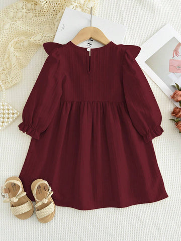Young Girl's Casual Ruffle Trim Long Sleeve Dress, Spring Autumn