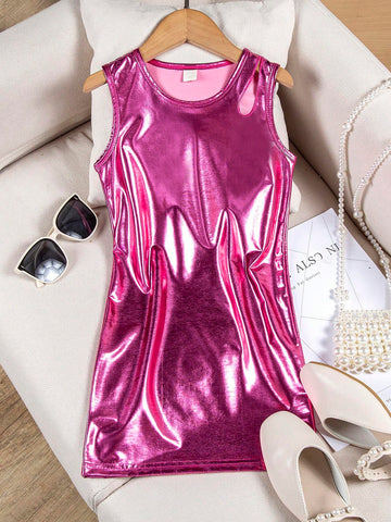 Young Girls" Casual Short Dress With Irregular Shoulder And Silver Plated Pure Color, Summer