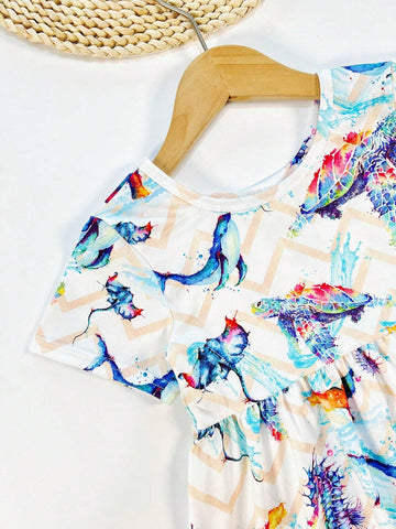 Young Girls' Casual Short Sleeve Dress With Lovely Watermelon, Cartoon Ocean Animals, Turtle And Dolphin Prints For Spring/Summer
