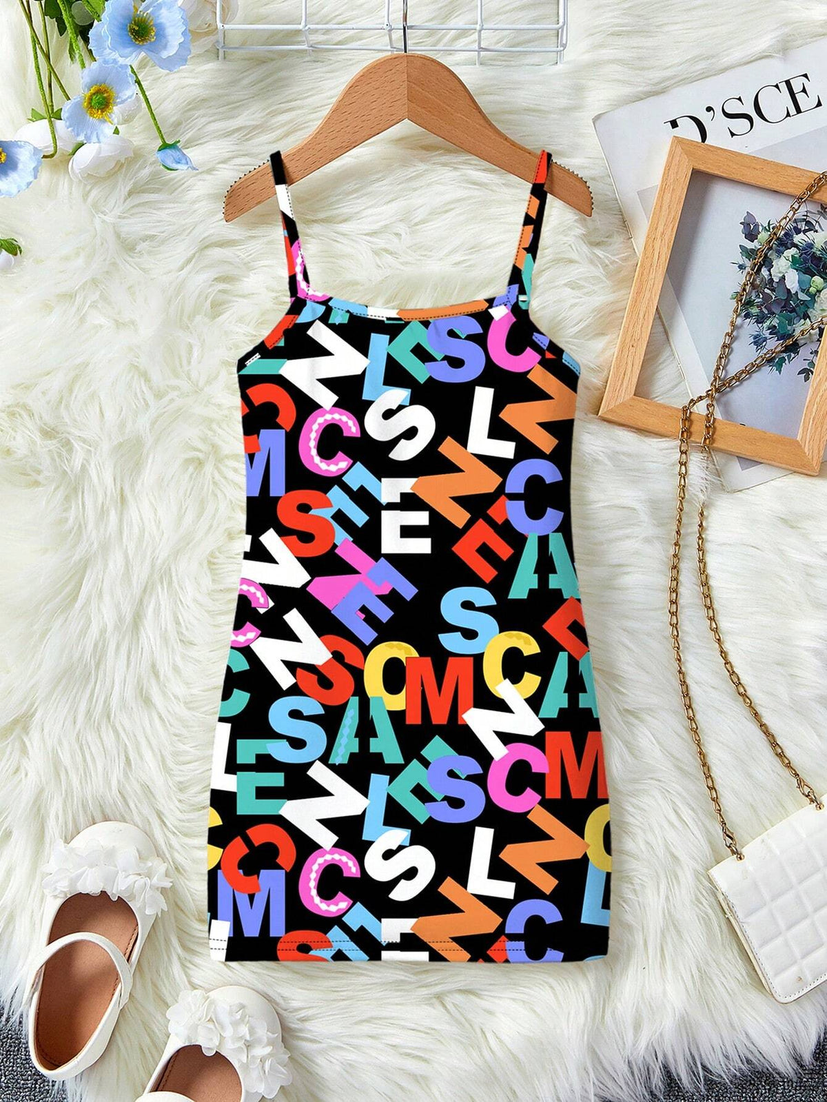 Young Girl's Casual Simple Cartoon Letter Print Sleeveless Midi Dress In Colorful, Perfect For Summer