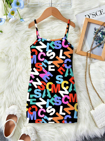 Young Girl's Casual Simple Cartoon Letter Print Sleeveless Midi Dress In Colorful, Perfect For Summer