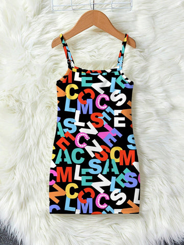 Young Girl's Casual Simple Cartoon Letter Print Sleeveless Midi Dress In Colorful, Perfect For Summer