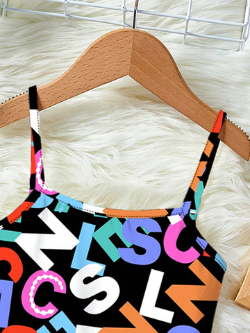 Young Girl's Casual Simple Cartoon Letter Print Sleeveless Midi Dress In Colorful, Perfect For Summer