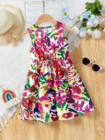 Young Girl's Casual Simple Ditsy Floral Sleeveless Midi Dress, Suitable For Summer