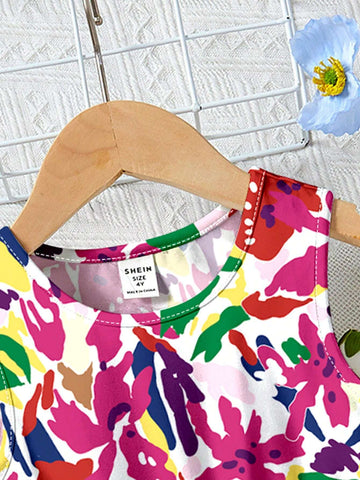 Young Girl's Casual Simple Ditsy Floral Sleeveless Midi Dress, Suitable For Summer
