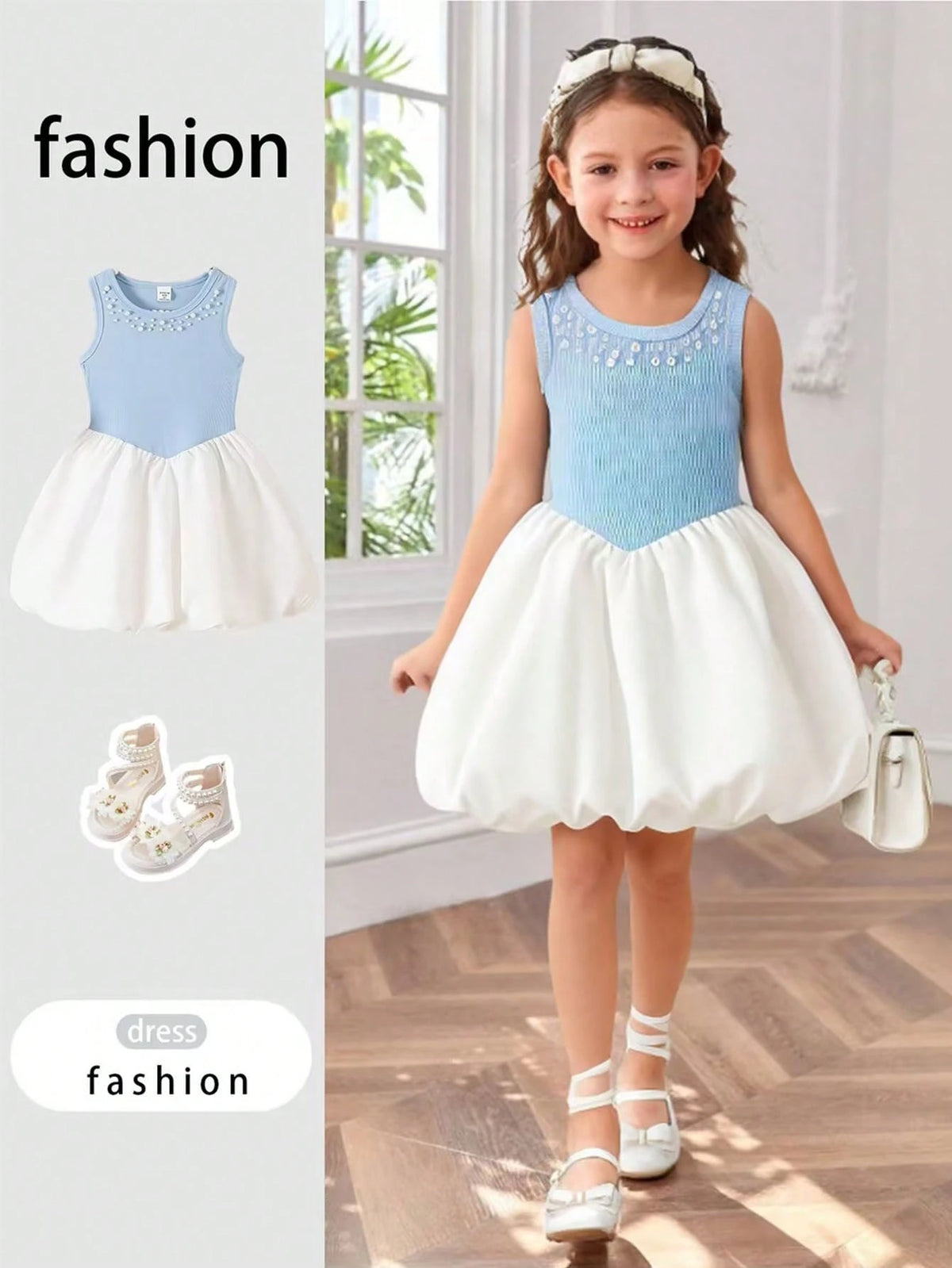 Young Girls Casual Sleeveless Beaded Knit Dress, Princess Style Lantern Hem Dress, Summer New Arrival