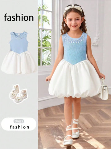 Young Girls Casual Sleeveless Beaded Knit Dress, Princess Style Lantern Hem Dress, Summer New Arrival