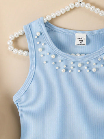 Young Girls Casual Sleeveless Beaded Knit Dress, Princess Style Lantern Hem Dress, Summer New Arrival