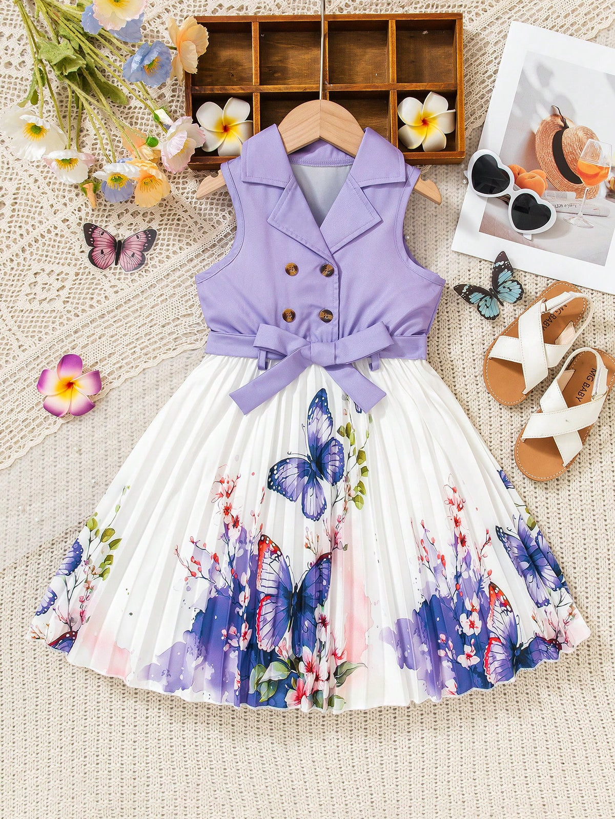 Young Girls Casual Sleeveless Double-Breasted Butterfly Printed Pleated Dress