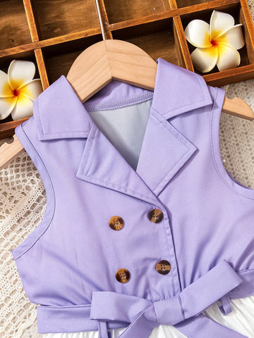 Young Girls Casual Sleeveless Double-Breasted Butterfly Printed Pleated Dress