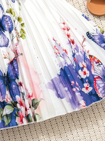Young Girls Casual Sleeveless Double-Breasted Butterfly Printed Pleated Dress