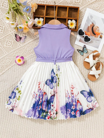 Young Girls Casual Sleeveless Double-Breasted Butterfly Printed Pleated Dress