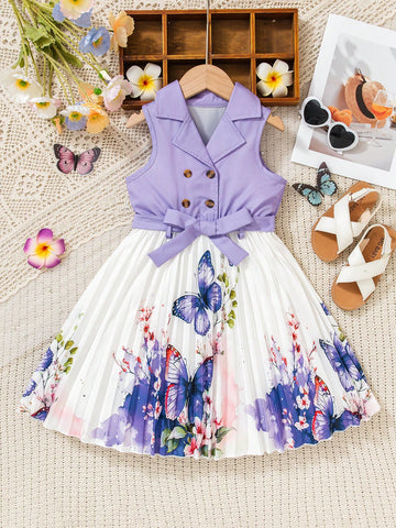 Young Girls Casual Sleeveless Double-Breasted Butterfly Printed Pleated Dress