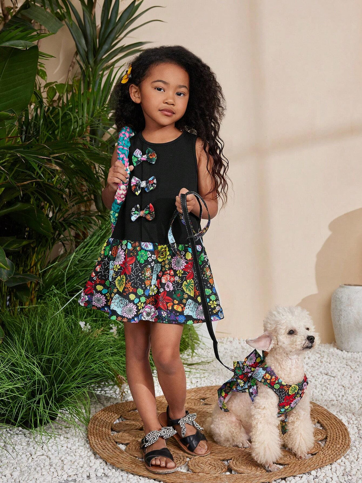 Young Girls' Casual Sleeveless Flower Print Dress With Bowknot Decoration, Spring/Summer