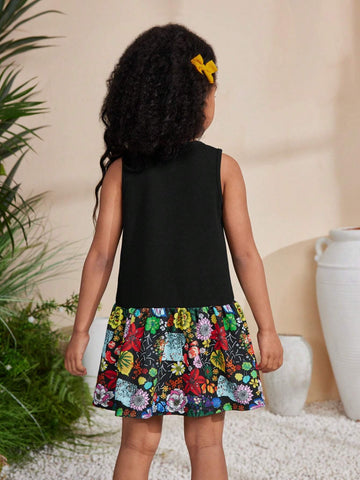Young Girls' Casual Sleeveless Flower Print Dress With Bowknot Decoration, Spring/Summer