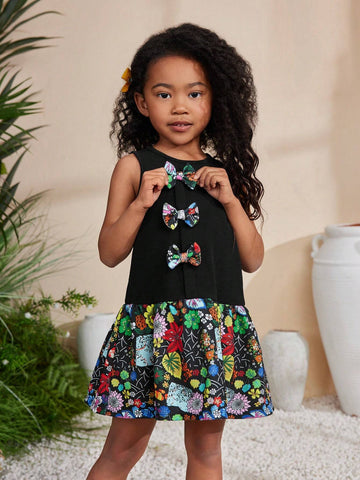Young Girls' Casual Sleeveless Flower Print Dress With Bowknot Decoration, Spring/Summer