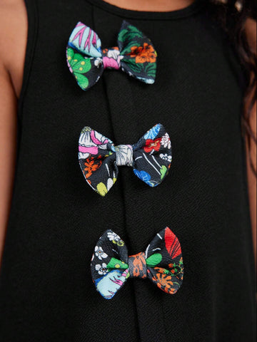 Young Girls' Casual Sleeveless Flower Print Dress With Bowknot Decoration, Spring/Summer