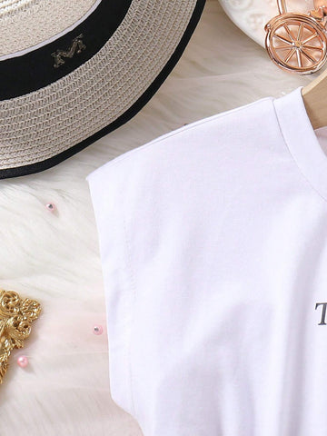 Young Girls Casual Sleeveless Khaki Dress With Pocket Design And Contrast Color Block, Summer