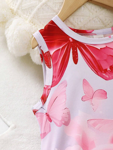 Young Girls' Casual Sleeveless Regular Dress With Cute Laser Digital Positioning Floral, Butterfly, And Bear Patterns, Suitable As Home Clothing