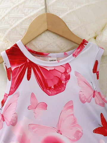 Young Girls' Casual Sleeveless Regular Dress With Cute Laser Digital Positioning Floral, Butterfly, And Bear Patterns, Suitable As Home Clothing