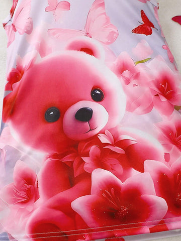 Young Girls' Casual Sleeveless Regular Dress With Cute Laser Digital Positioning Floral, Butterfly, And Bear Patterns, Suitable As Home Clothing