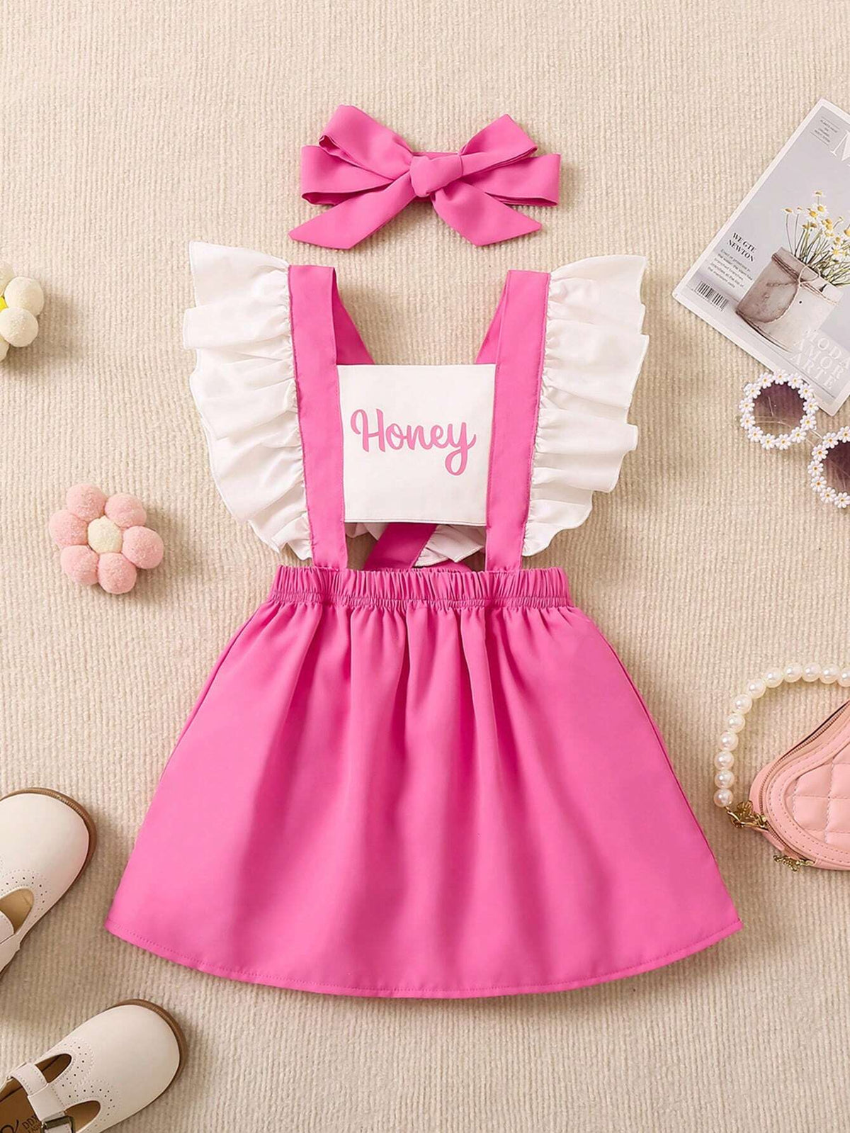 Young Girls' Casual Sleeveless Suspender Dress With Letter Pattern, Color Block & Ruffle Hem Detail